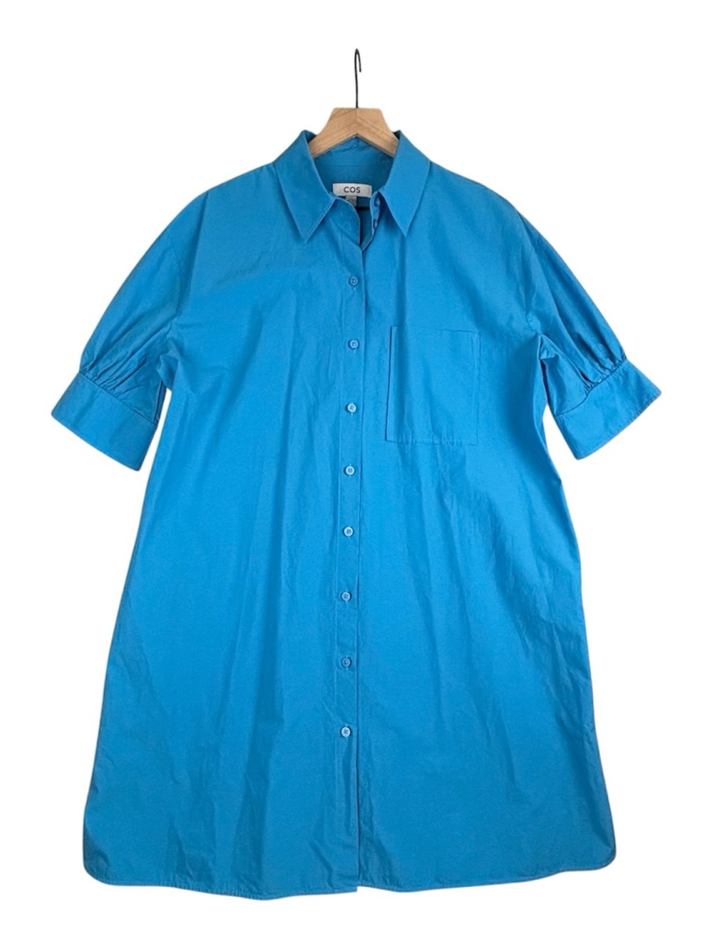 COS Dress Womens 8 Blue Gathered-Sleeve Mini Shirt Dress Pockets Short Sleeve